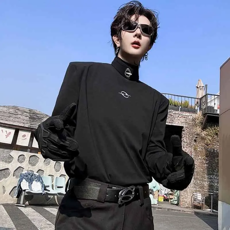 PFNW Men's Black Half High Neck Labeled Metal Button Bottom Long Sleeve T-Shirt Casual Black White Tops Autumn New Cloth 9C4638