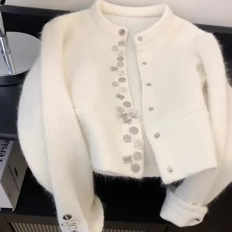 

Autumn White Knitted Cardigan Women Sweater Sequins Luxury Design Loose Tops Women's Clothing Knitwear Coats Single Breasted New