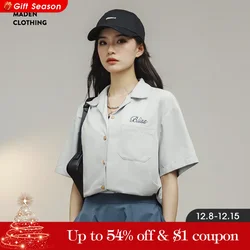 Maden Cuban Collar Short-sleeved Thin Shirt for Women's Summer with Contrasting Letter Embroidery Loose Casual Layered Tops