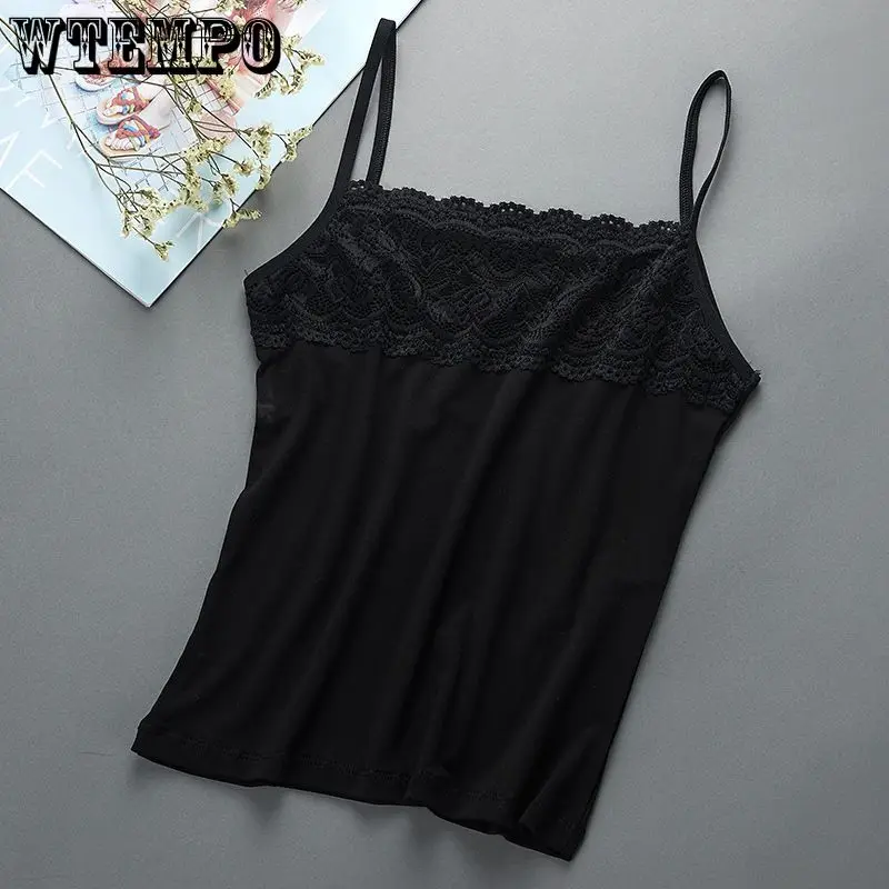 Women\'s Slim Fit Large Top with Strap Tank Top Spring and Summer Lace Underlay Black and White