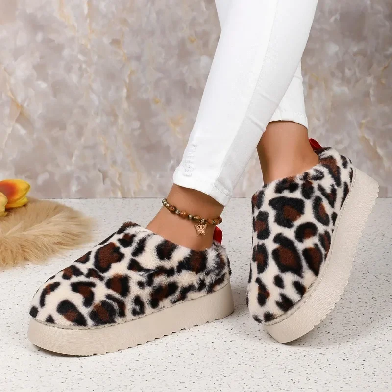 Fashion Design Leopard Fur Ankle Snow Boots Women\'s Warm Cotton Shoes Winter Short Plush Boots 2024 New Comfortable Femme Botas