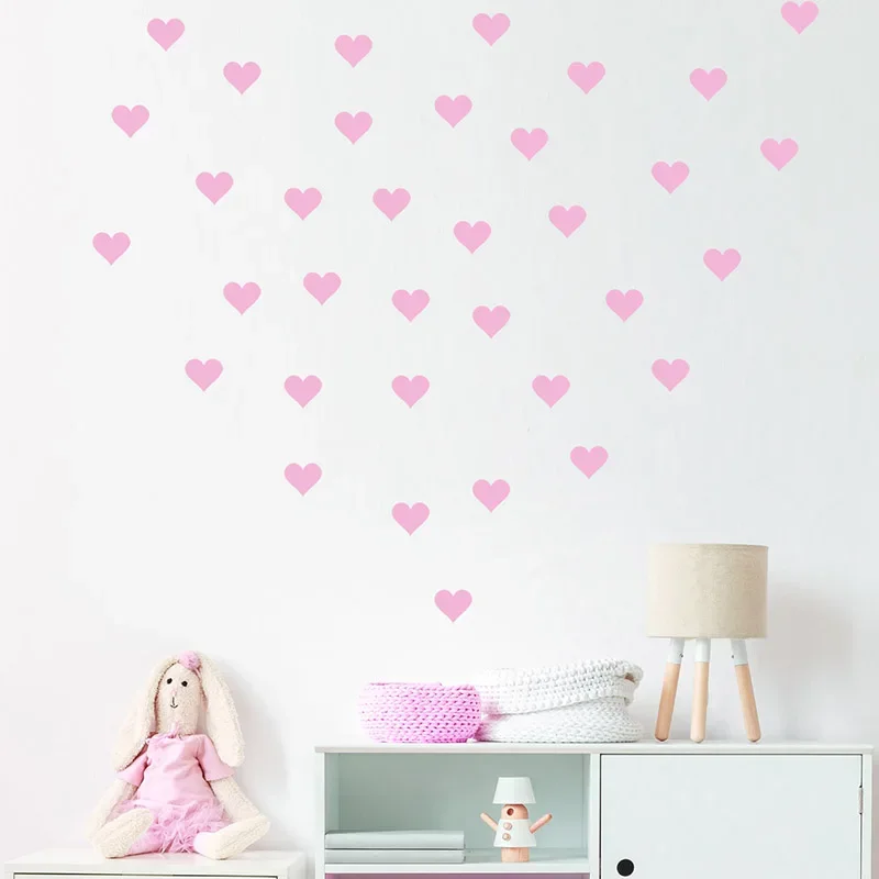 54pcs/set 5cm Soft Pink Heart Shape Wall Stickers for Kids Room Baby Nursery Room Wall Decals Bedroom Girl Room Home Decor Vinyl