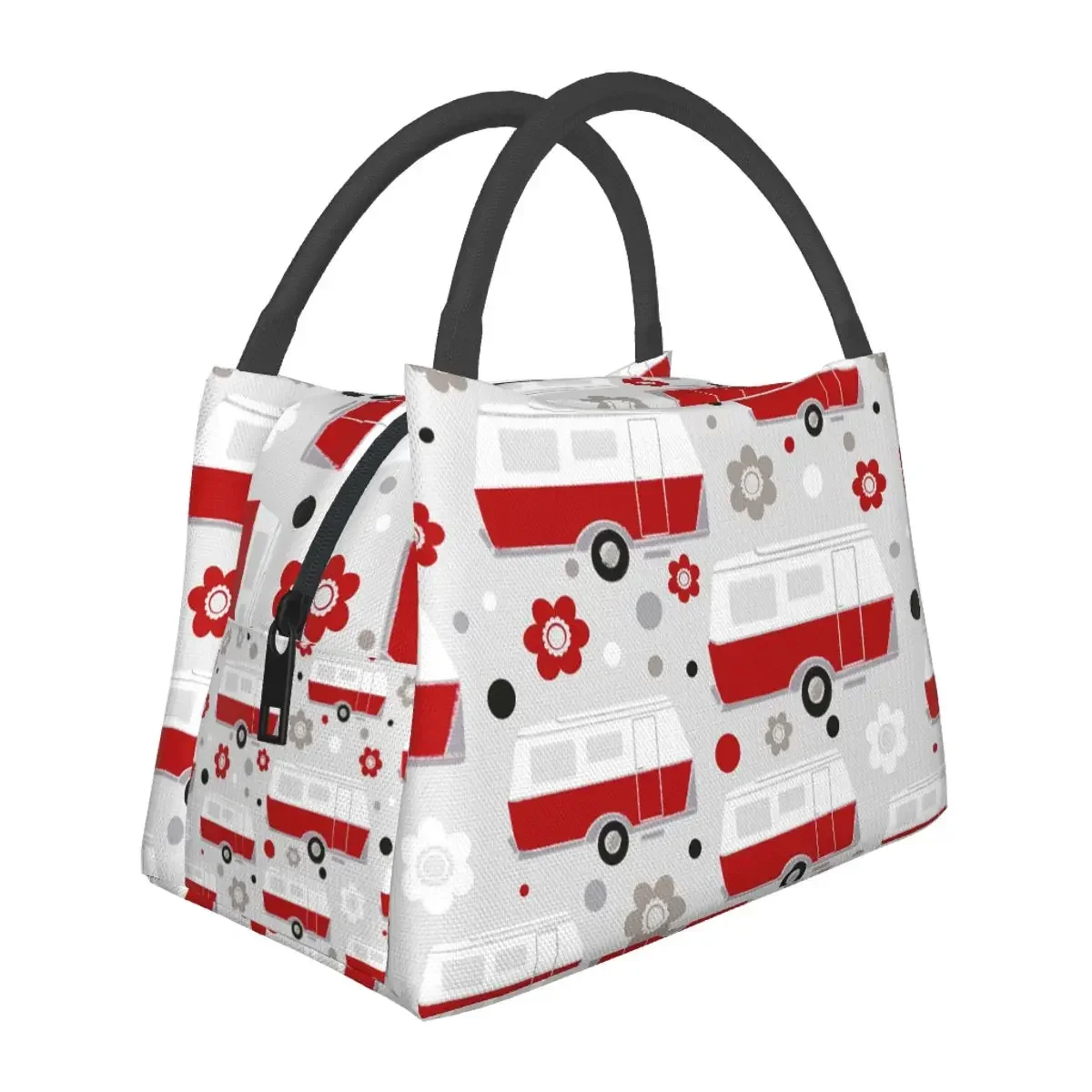 Vintage Caravan In Red, White And Grey Lunch Bags Insulated Bento Box Resuable Lunch Tote Picnic Bags Cooler for Woman Kids Work