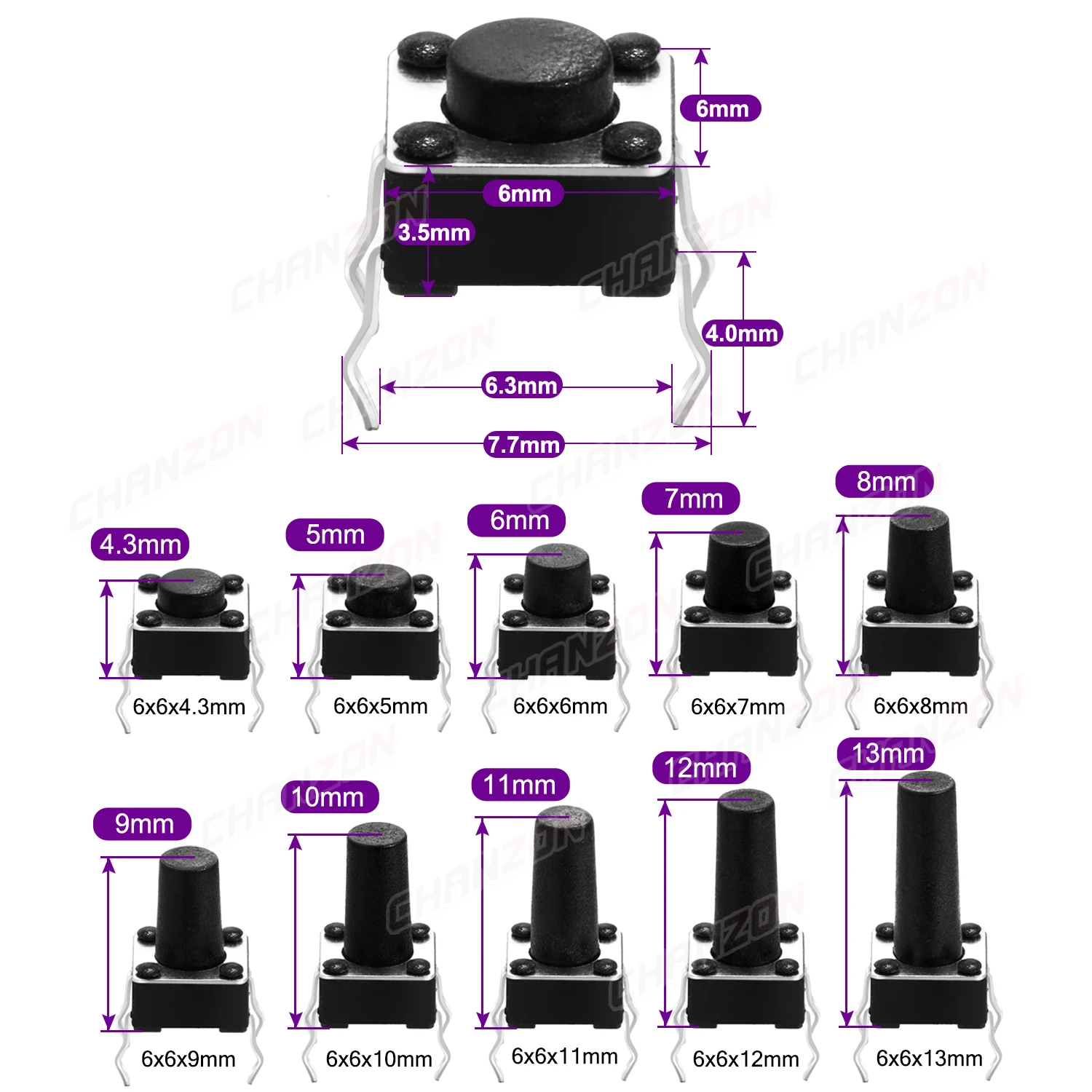 200Pcs (10 Kinds x 20pcs) 6x6mm Micro Push Tact Switch Kit 6x6 Mini Tactile Toggle Touch Button Pcb Momentary 4pin Pushbutton