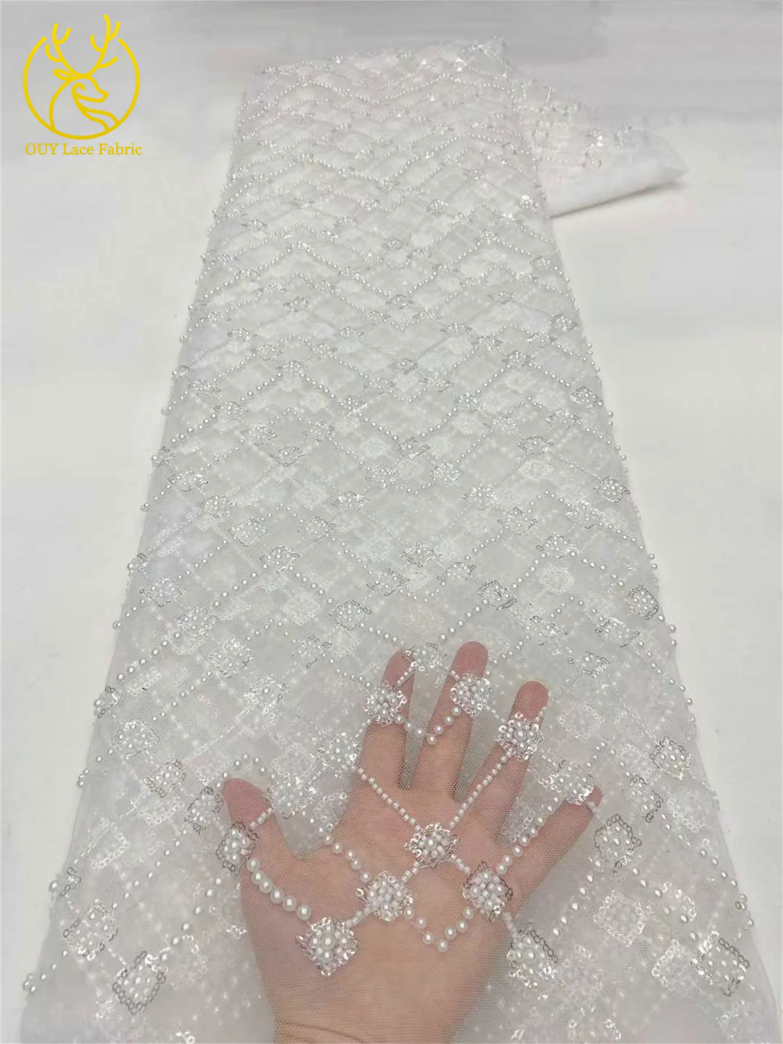 Champagner Luxus Afrikanischer Bräutigam Perlen-Spitzenstoff 2026 Hochwertige Spitze Brautkleid-Spitze Nigerianischer Pailletten-Spitzenstoff – Detail 9