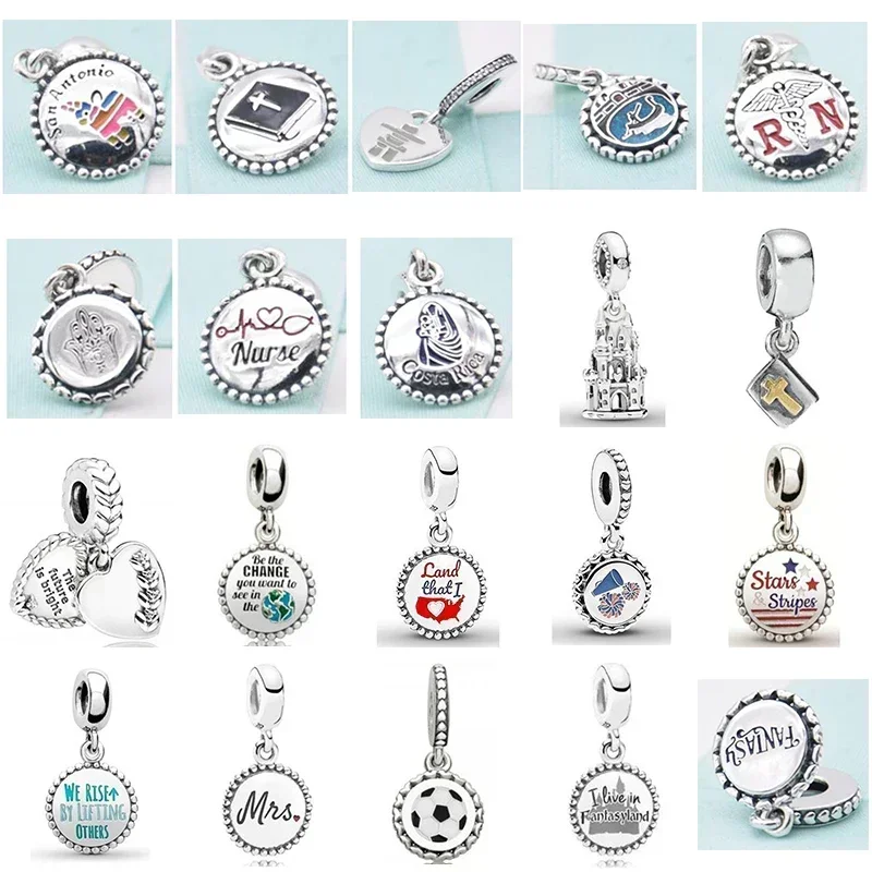 

2019 NEW 100% Sterling Silver Cute Football Dangle Charm Charming Dreamy Castle Dreamland Nurse Rescue Pray For Peace Fit Jewelr