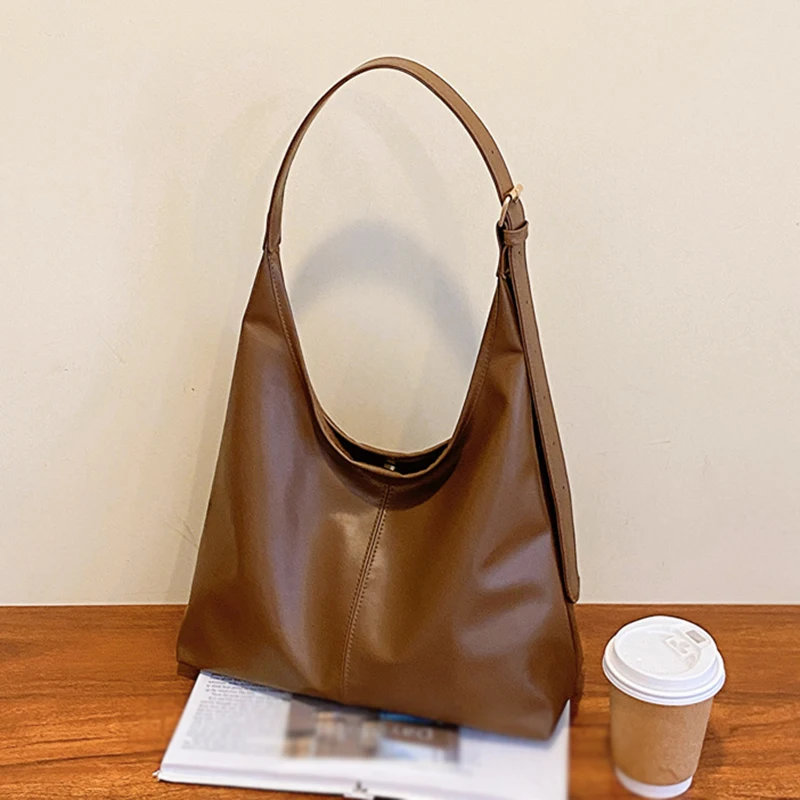 Fashion PU Soft Leather Tote Bag Women Vegan Leather Slouch Bag Lightweight Big Shoulder Bag Casual Style Commuting Bag