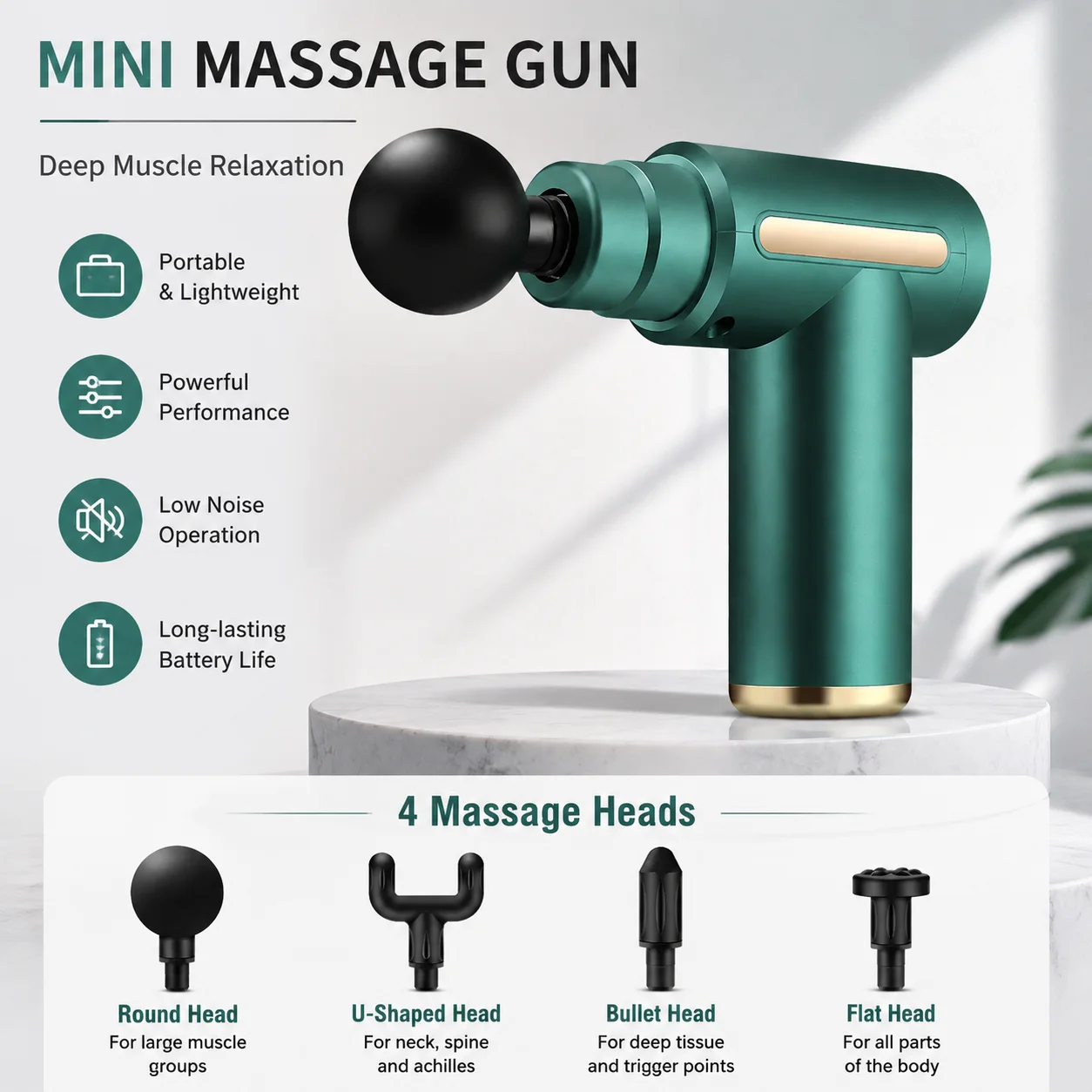 Mini Massage Gun Portable Electric Muscle Massager with 4 Massage Heads Handheld Deep Tissue Relaxation Fitness Recovery Tool