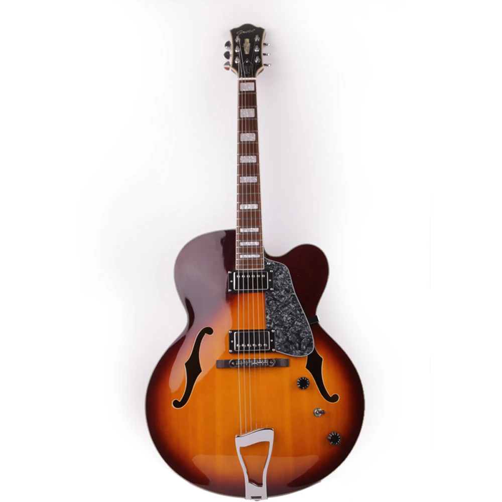 Single cutway electric jazz guitar double f hole vintage color semi hollow body rosewood fingerboard block inlay.