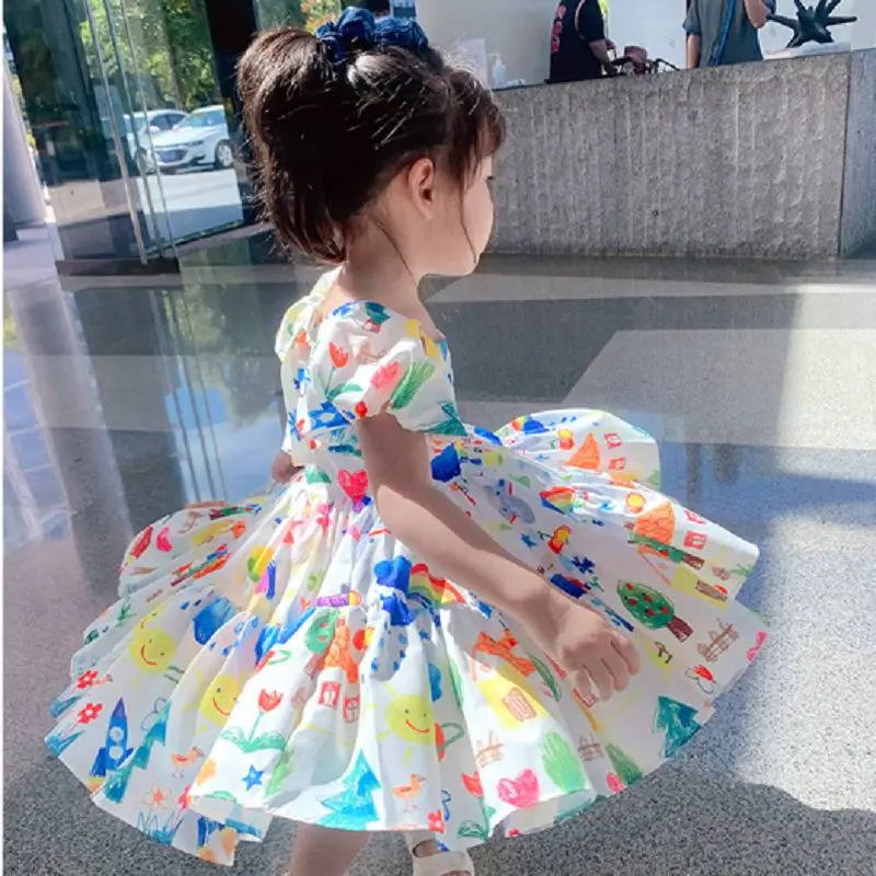 

Girls' Dress Floral Puff Sleeve Dress Children's Cartoon Princess Summer New Beach