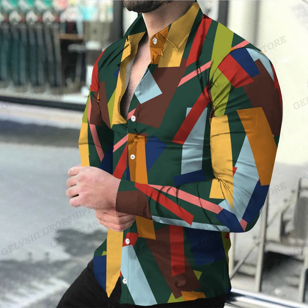 Geometric Theme ShirtsMen's Fashion, Casual Comfortable, Long Sleeve Shirts, Hawaiian Casual Beach Streetwear, Colorful Clothing