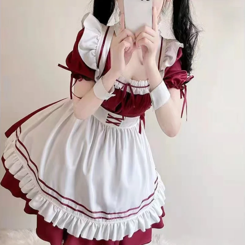 Vermelho branco lolita empregada traje cosplay trajes bonito vestido sexy avental francês uniforme café empregada festa saia roupas femininas