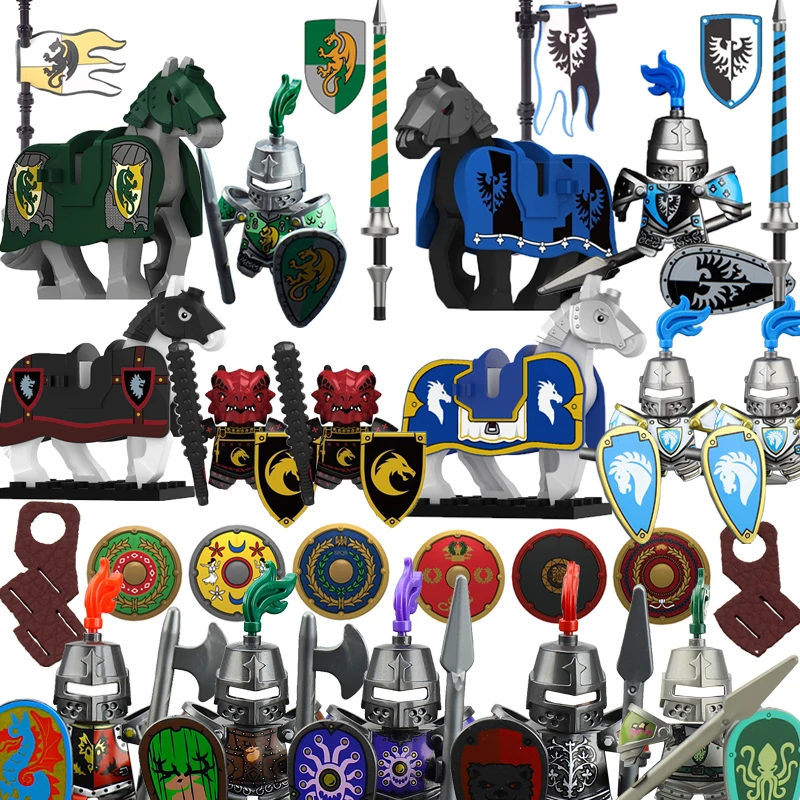 Castelo medieval soldado figuras de ação bloco de construção dragão anime cavaleiro acessório cavalo guerra milícia capacete escudo brinquedo presente b15