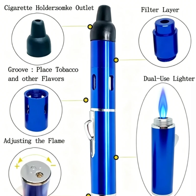 Elegant Pen-Style, Multi-Tool Pipe with Built-In Lighter, Discreet Portable Smoking Accessory with Adjustable Flame & Filter
