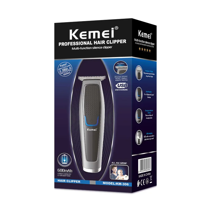 Kemei KM-306 tagliacapelli batteria al litio ricarica USB lama in acciaio al carbonio ABS testa di olio tagliacapelli push clipper