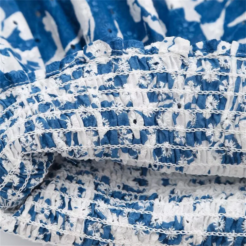 Camisa feminina de manga comprida com decote em V, novo estilo de verão, top curto estampado com cintura bordada vazada