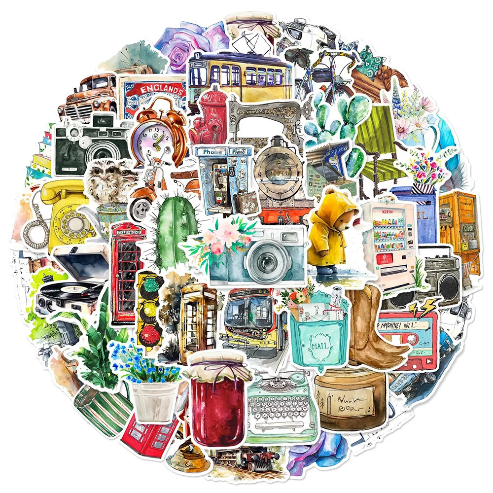 10/30/50pcs Watercolor Retro Object Stickers Cute Cartoon Waterproof Sticker DIY Luggage Phone Notebook Vintage Graffiti Sticker