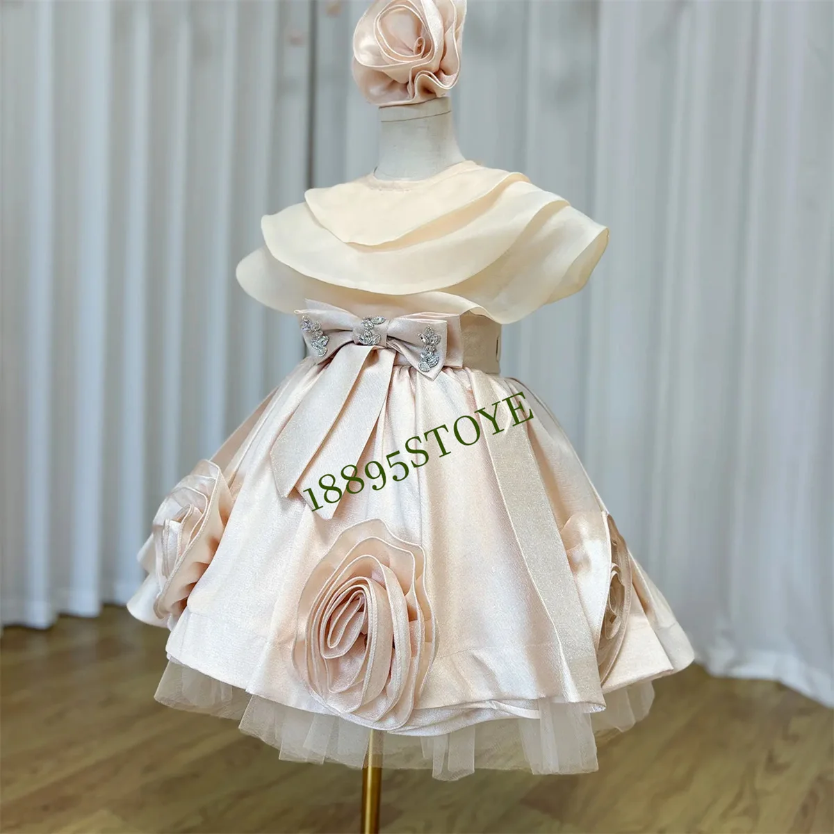 Elegant Beige สาวชุด Handmade ดอกไม้หมวกสําหรับเด็กงานแต่งงานวันเกิด Holiday Party ชุด 2024