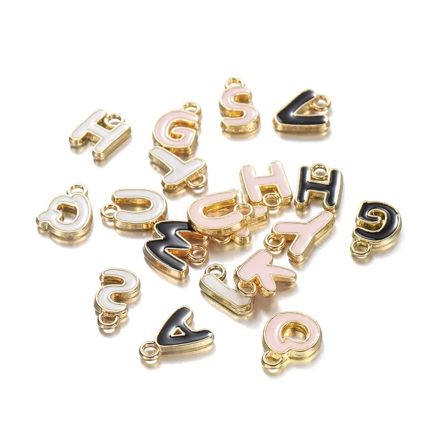 26pcs/bag Black Pink White Enamel Drop Oil Alloy Letters Pendants Metal Necklace Charm Fitting DIY Jewelry Making Findings image 2