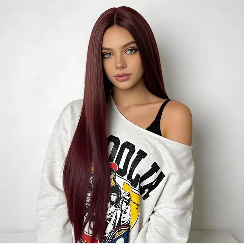Fashionable middle-parted long straight synthetic hair wig for styling and dressing up