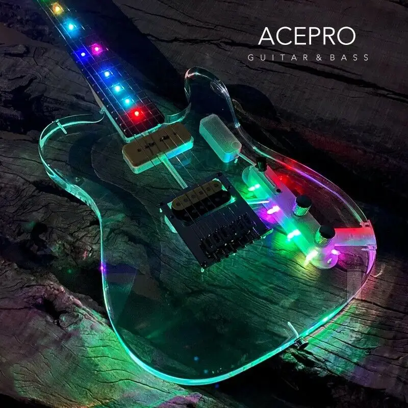 In Stock Acepro Colorful LEDs Acrylic Electric Guitar, Clear Acrylic Crystal Body Guitarra, Maple Neck, Rosewood Fretboard