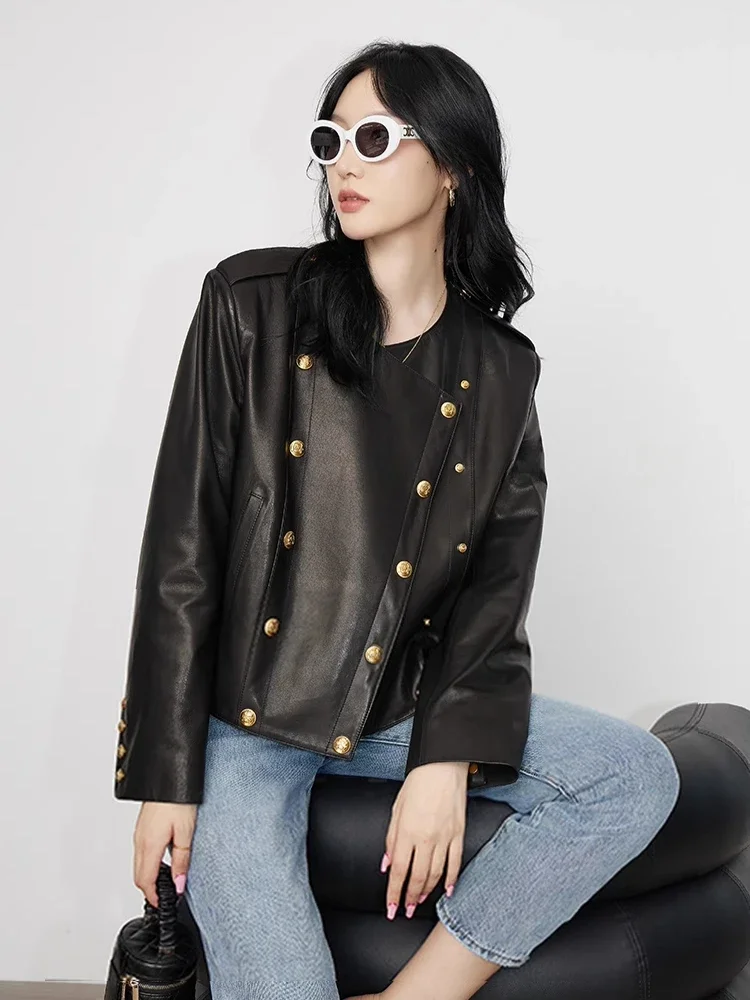 

Elegant O-neck Genuine Leather Motorcycle Jackets for Women Spring Autumn 2026 High-end Simple Short Real Goatskin Leather Coat