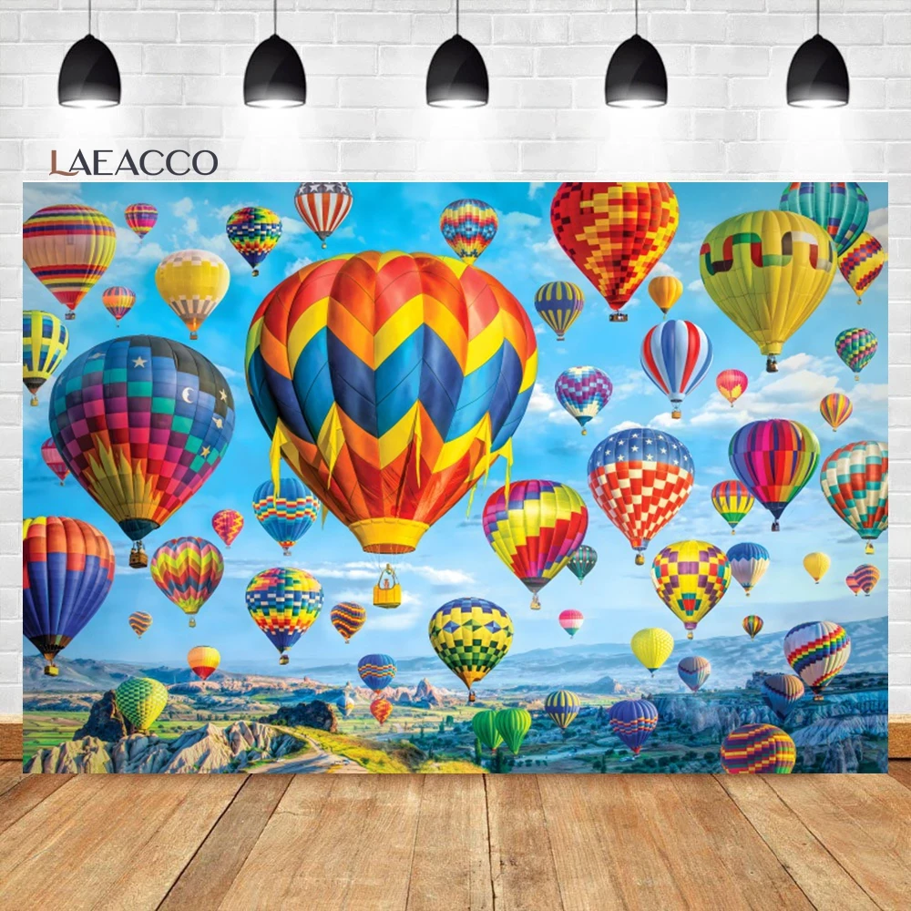 Laeacco Hot Air Balloon Backdrop Colorful Rainbow Sky White Clouds Mountains Natural Landscape Portrait Photography Background