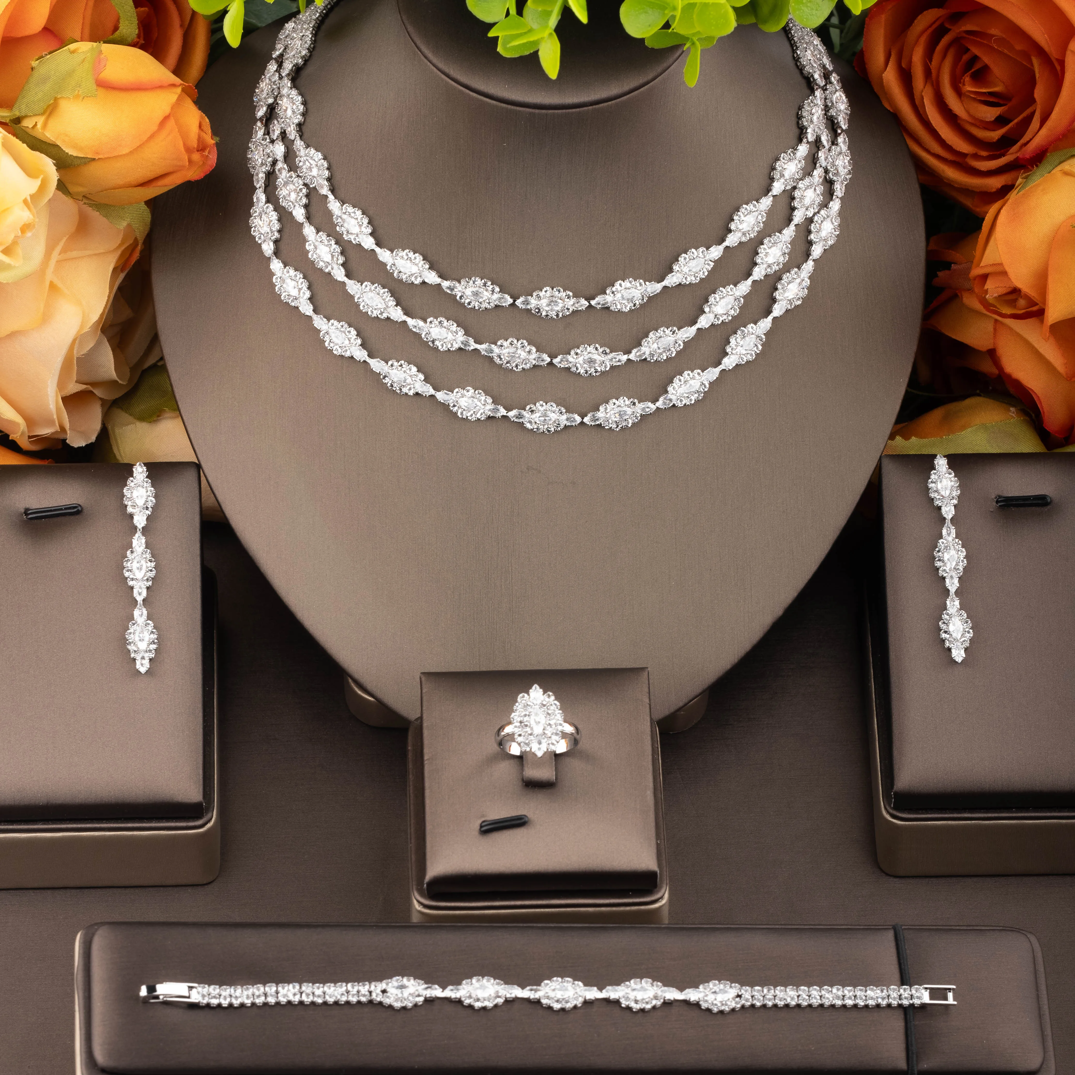1 set of luxurious and elegant jewelry set with sparkling cubic zirconia, featuring a three-layer stacked floral cluster design, suitable for women to wear at weddings and banquets. Gift box not included