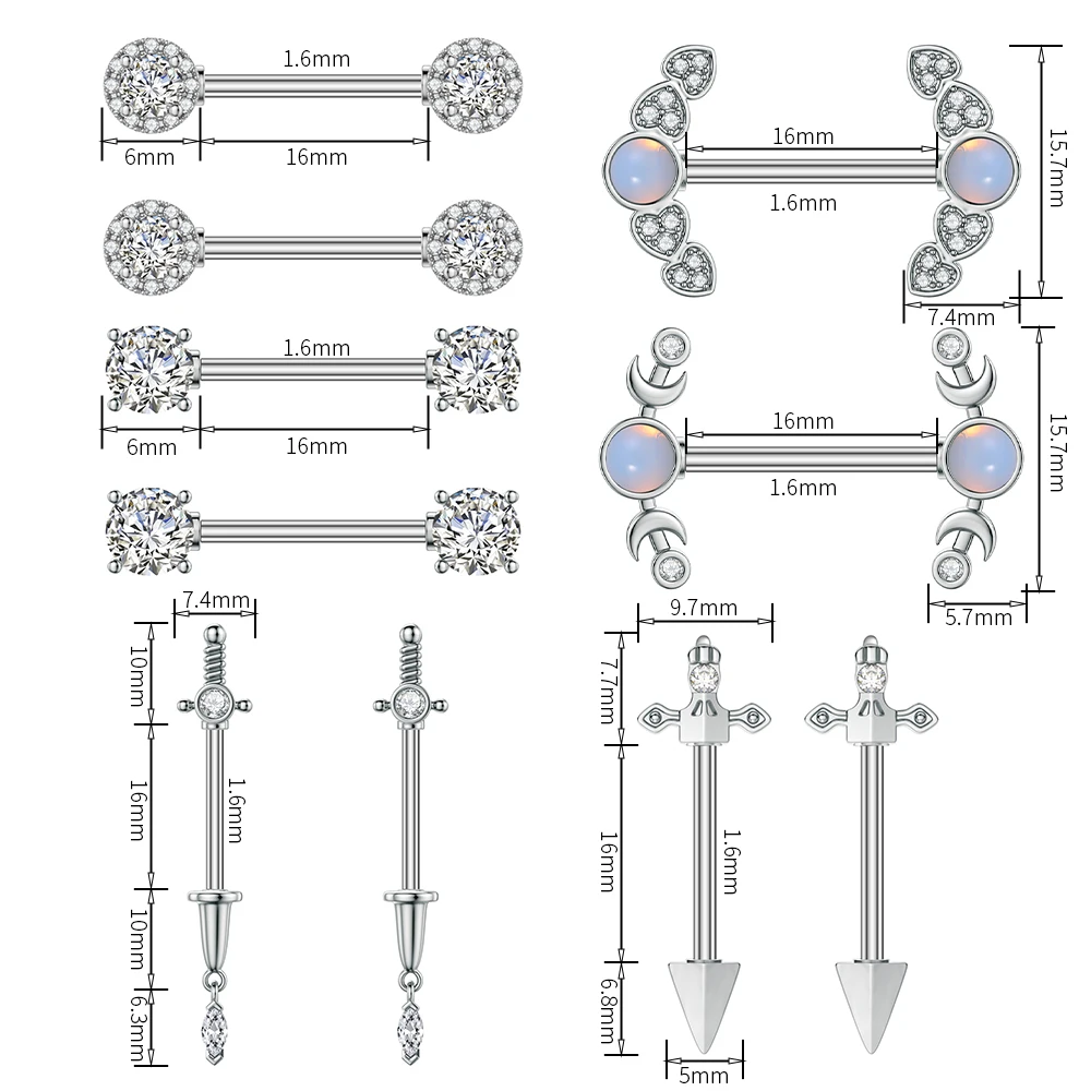 2pcs Heart Cross Sword Crystal CZs Nipple Piercing Jewelry for Women Stainless Steel U-shaped Opal Nipple Ring Shield Barbell