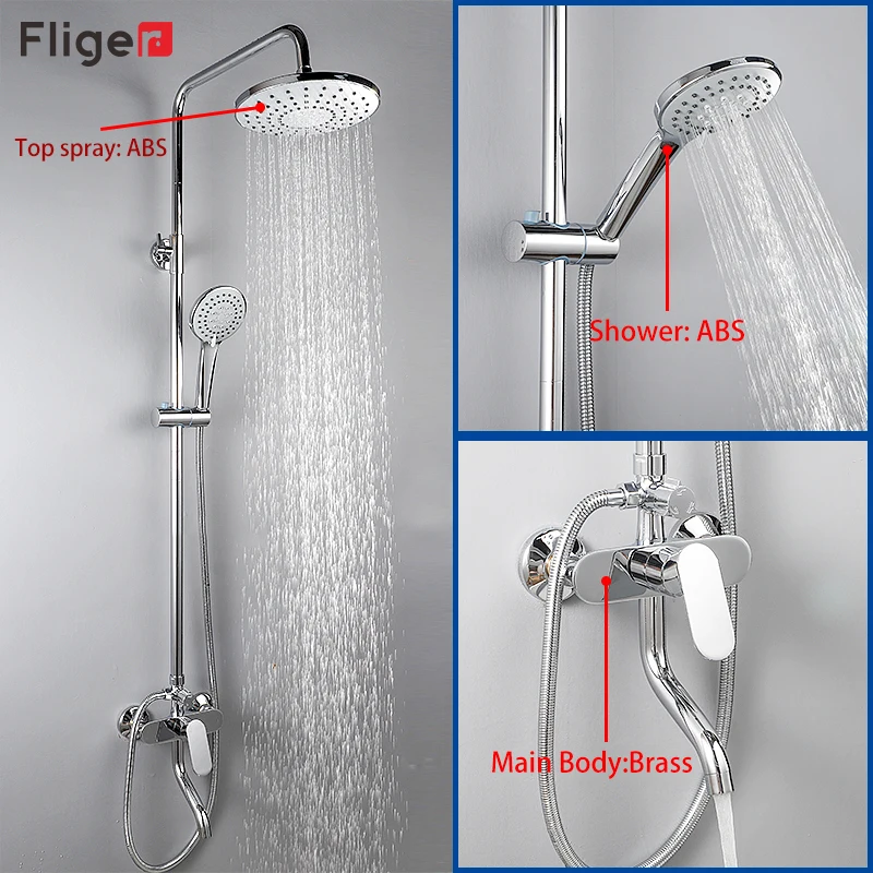 Fliger Chrome Shower Faucet Brass Rainfall Shower Set Hot Cold Water Shower Mixer Bathroom Faucet Waterfall Shower System