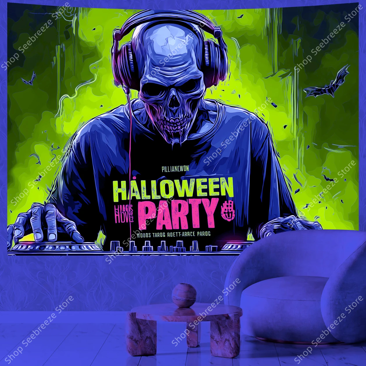 Haunted Halloween Skeleton DJ UV Tapestry with Red Sunglasses Black Headphones Gothic Church Spooky Wall Decor for Music Room