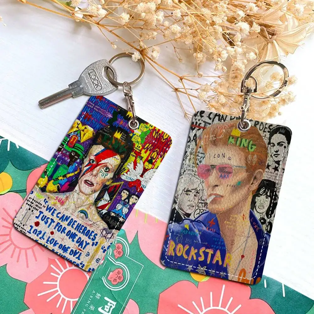 David B-Bowie 1Pc PU Leather Card Holder Keychain Key Ring Door Lock Access Tags ID Card Case Keychain Card