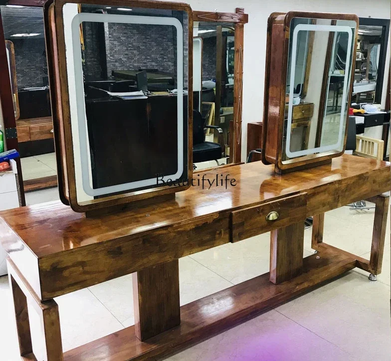 88.Solid Wood Dressing Table Cabinet Integrated Hair Salon Special Haircut Four-Sided Mirror