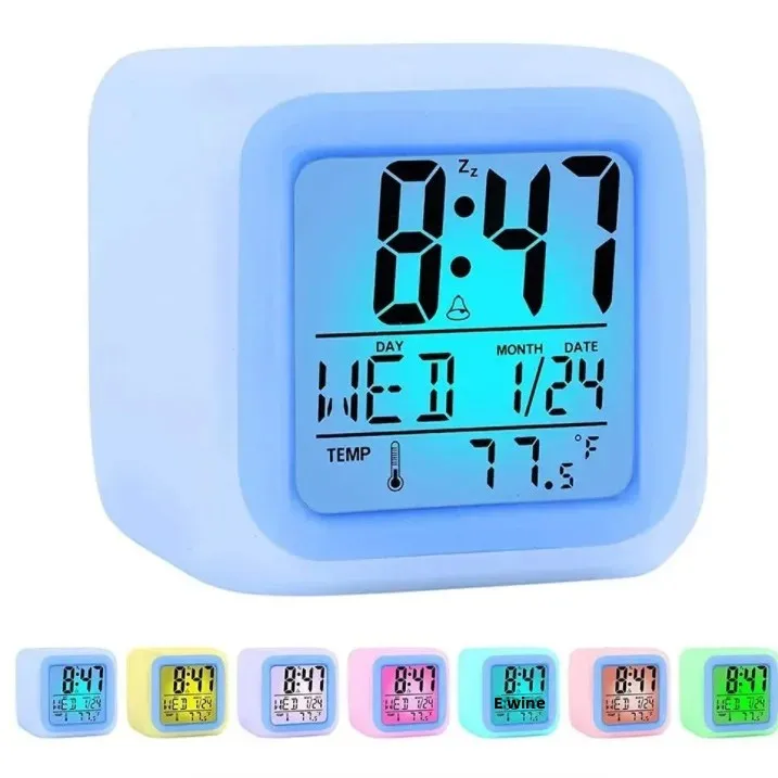 Colorful LED Digital Alarm Clock Silent Night Light Plastic Electronic Clock Creative Gift Amazon Cross-Border Seven Color Squar