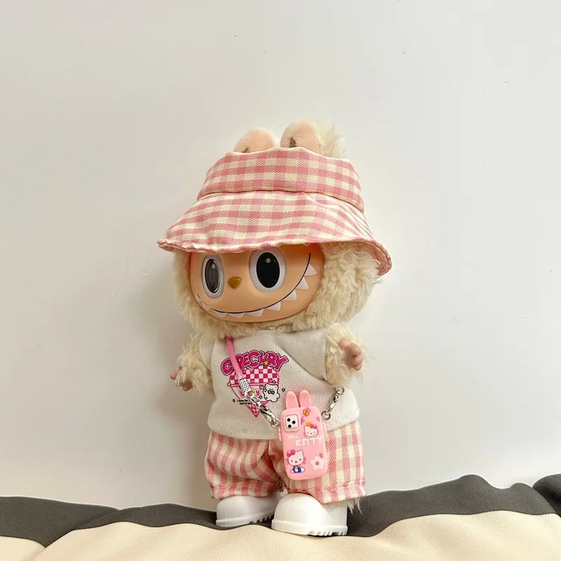 ل 17 سنتيمتر Labubu دمية الملابس الوردي والأزرق منقوشة مجموعة متوافقة مع V1V2V3 لطيف منقوشة نمط عارضة أزياء الزي