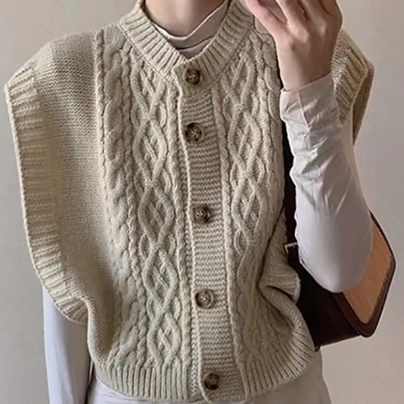 EVNISI Autumn Women Cashmere Knit Loose Casual Sweater Vest Single-breasted Ribbed Sweater Vest Office Waistcoat Women Winter