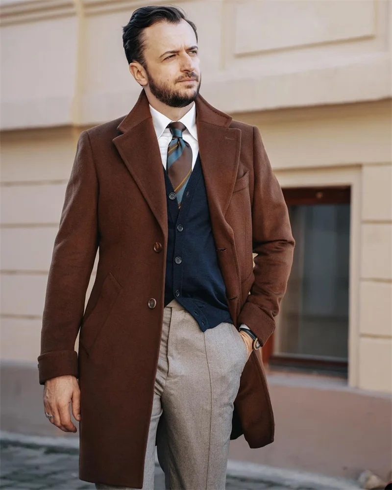 Traje marrón de Cachemira para hombre, abrigo largo hecho a medida, abrigo de un solo pecho, chaqueta gruesa y cálida, ropa informal de invierno