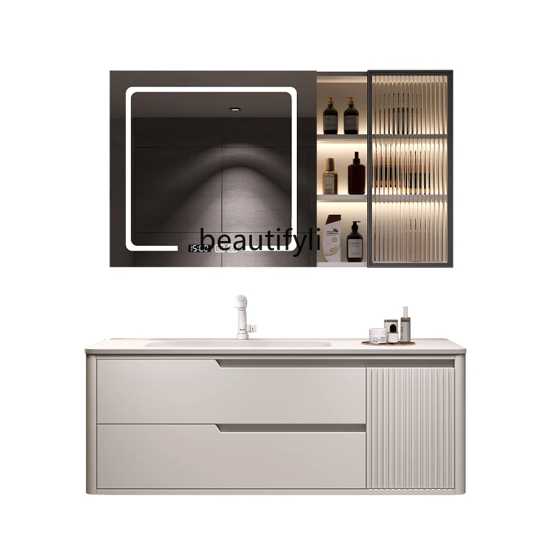 

Cream Style Stone Plate Double Basin Bathroom Cabinet Seamless Ceramic Basin Solid Wood Oak Washbasin