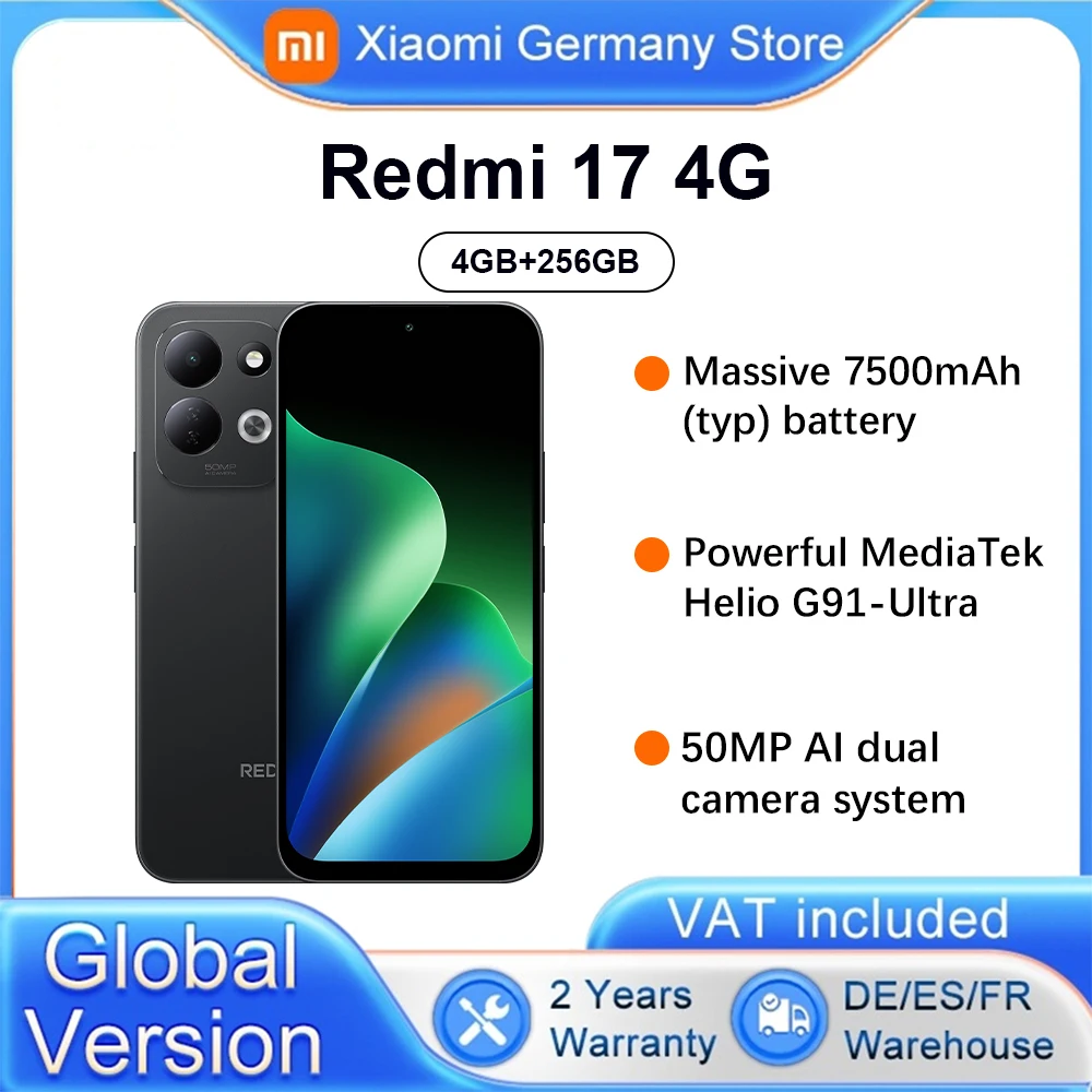 Globale Version Xiaomi Redmi 17 Smartphone 4G 6,9' Riesiger 7500mAh Akku Dynamisches RGB-Licht 45W Turbo-Ladung Leistungsstarker MediaTek Helio G91-Ultra 50MP KI-Dual-Kamera-System