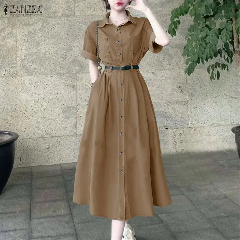 ZANZEA 2026 Spring Denim Blue Dress Women Stylish Shirt Dress Elegant Lapel 3/4 Sleeve Work Sundress Solid Robe Buttons Vestidos