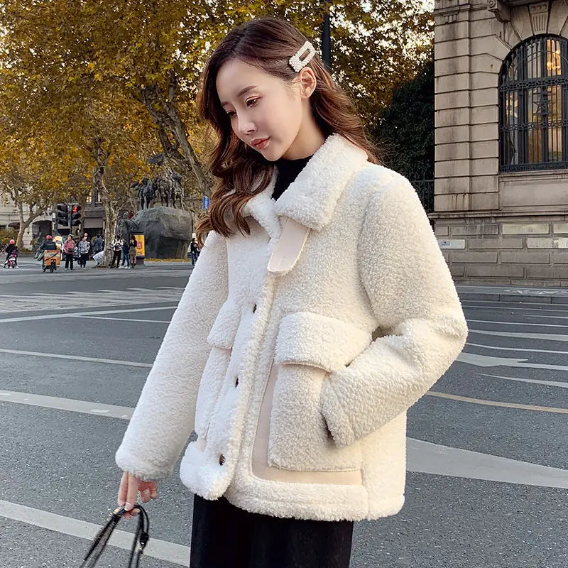 Lambswool Jacket Women Overcoat Autumn Winter 2024 New Korean Thick Parka Female Short Outwear Elegant Slim Single-Breasted Tops