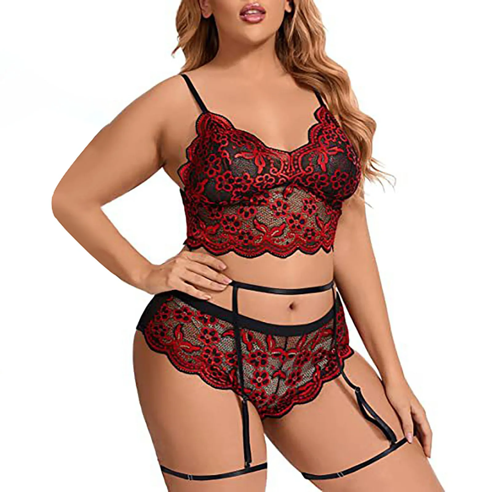 sensory mesh perspective sexy underwear Women\'s Plus Size Sexy Lingerie Lace Embroidery Three Point Three Piece Split Suit