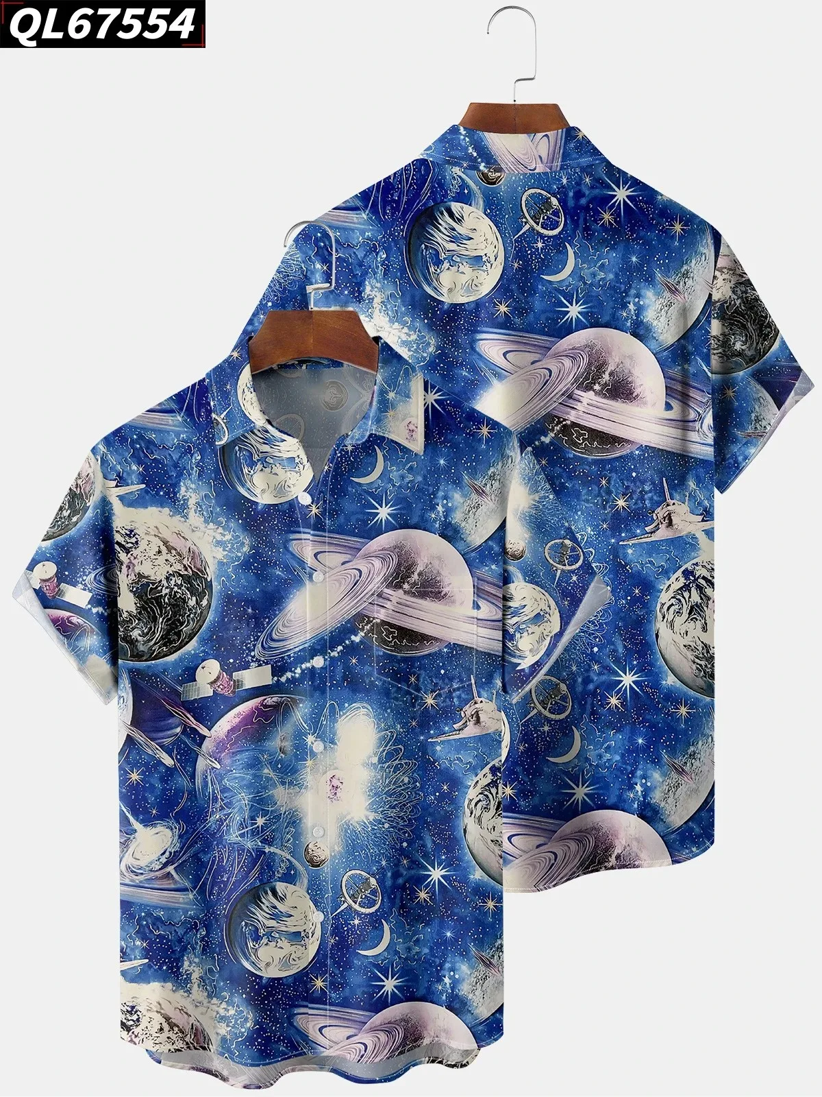 

2024 New Hawaiian Shirt Man Summer Casual Beach Clothing Starry Sky Planet Print High Quality Men's Shirt Pocket Plus Size Tops