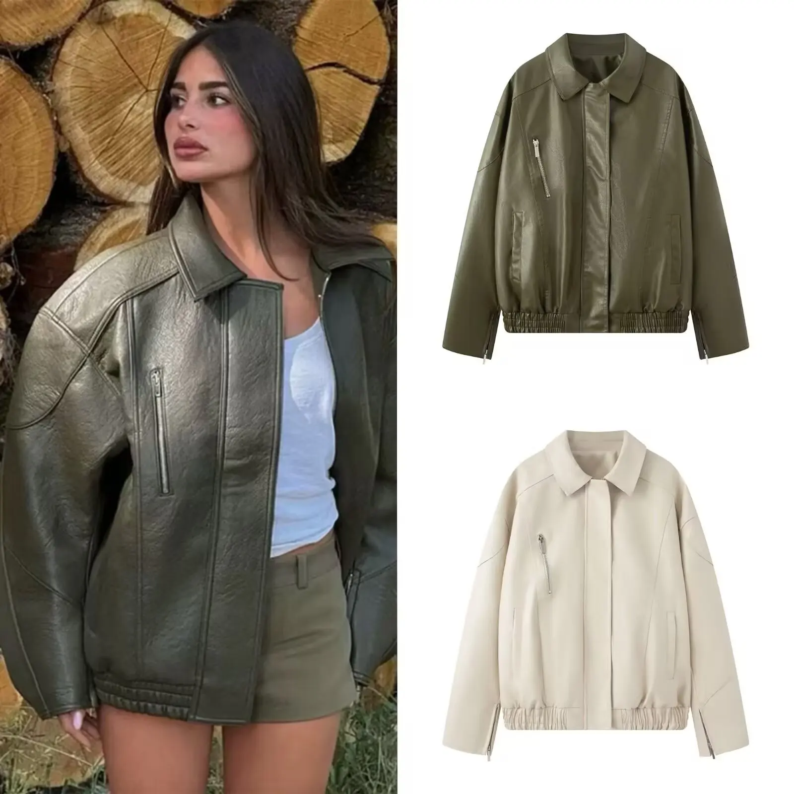 

Fashion Women Leather Jacket with Zipper Autumn Long Sleeve Lapel Collar PU Coat Elastic Waist Short Coats Chic Female Tops