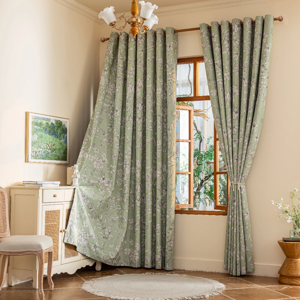 1Pc New Laminated Light Green Background Curtain with White Flower Design, 100% Blackout Fabric for Home Use, Blackout and Heat-Insulating Thickened Curtains, Decorative Rod-Pole Curtains for Living Room, Bedroom, Study