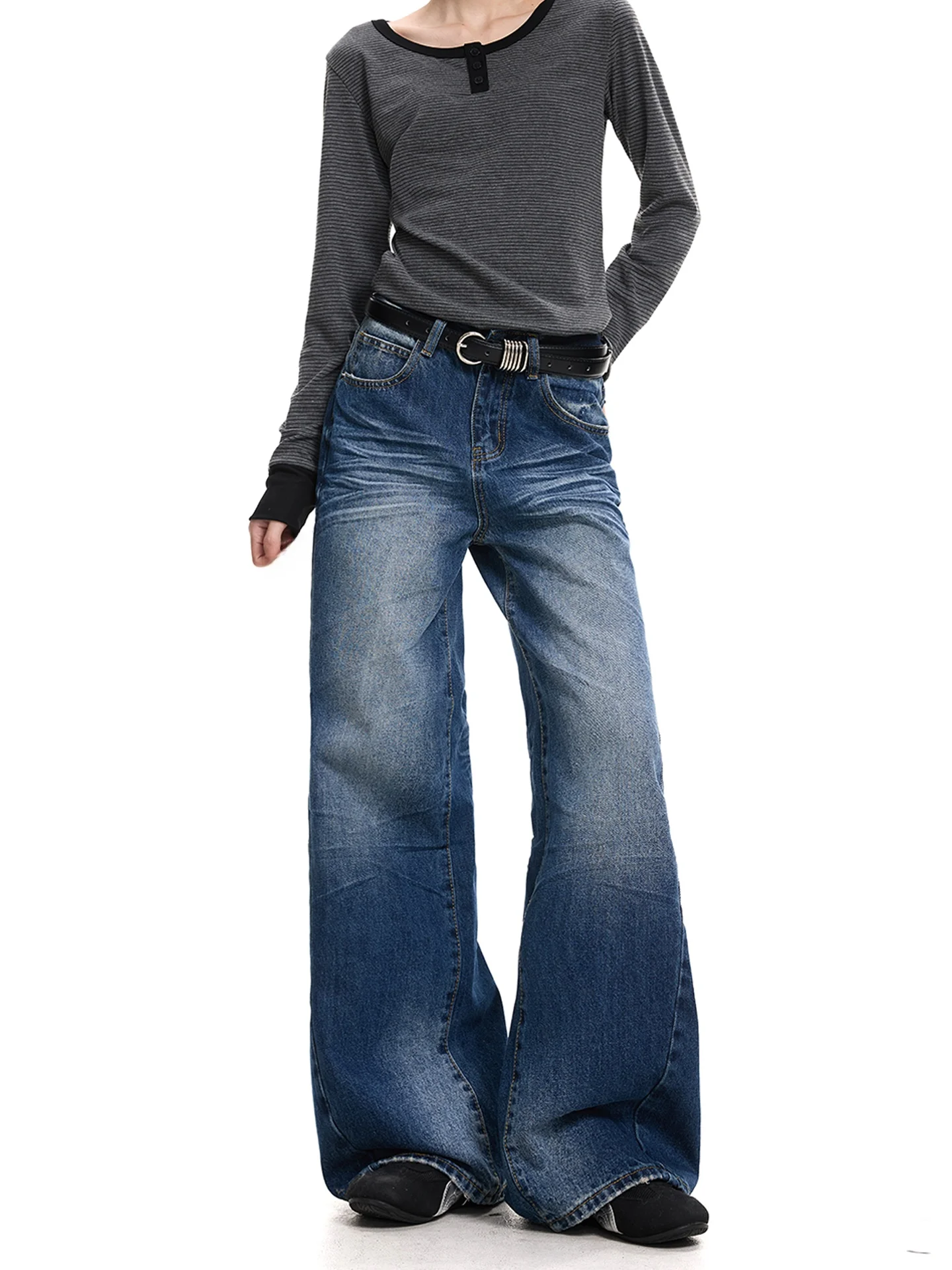 

Freemary Heavy Du Pleated Waed Pattern Wide Leg Low Waist Jeans Women Slimming Dra adient Floor Length Pants