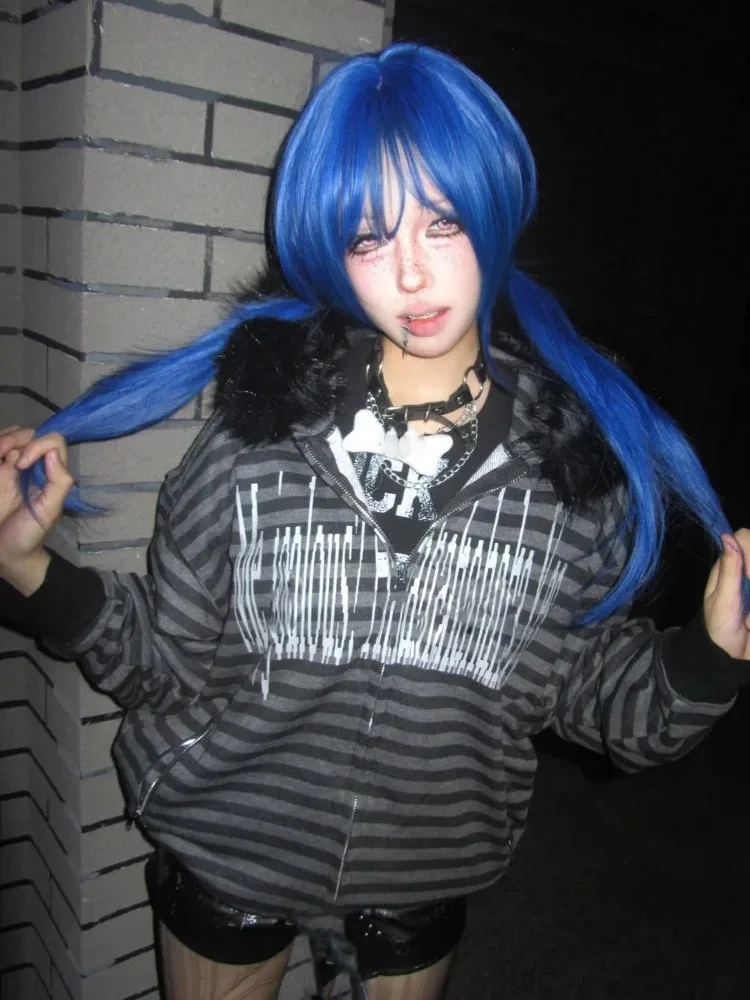 

Уличная одежда, повседневная полосатая толстовка с буквенным принтом, женская толстовка Y2k с эстетическим мехом в стиле пэчворк, свободная толстовка на молнии в стиле панк, гранж