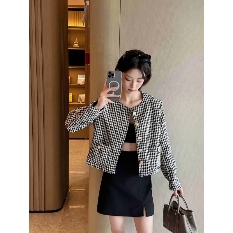 

Новинка 2025, французская короткая куртка, женская универсальный короткий топ с круглым вырезом и принтом «гусиные лапки», универсальный короткий топ на пуговицах