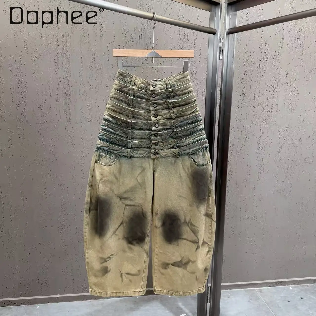 

2026 Spring New American Style Distressed Multi-Waist Vintage High Street Wide-Leg Pants Cargo Pants Street Fashion Jeans Women