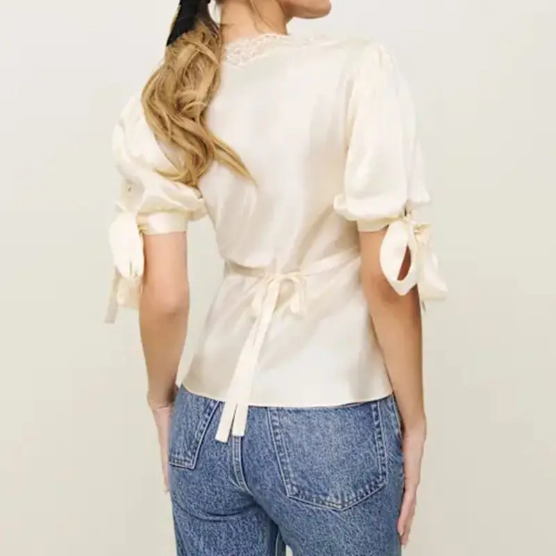 

Combhasaki женские летние элегантные атласные шелковые топы кружевные лоскутные регулируемые ленты с завязками короткие пышные рукава блузка с вырезом сердечком